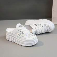 Summer's Popular New Thick-Soled Height-Increasing Casual Shoes For Women, Fashionable Perforated Shoes, Half-Slipper With A Breadhead, Breathable Casual Sports Shoes, Soft-Soled, Anti-Slip Yellow, Versatile, Lightweight And Fashionable For Daily Sports Wear. One Step On The Large-Sized Soft-Soled Casual Shoes, The Flip-Flops Expose The Heel, Fashionable And Multi-Functional