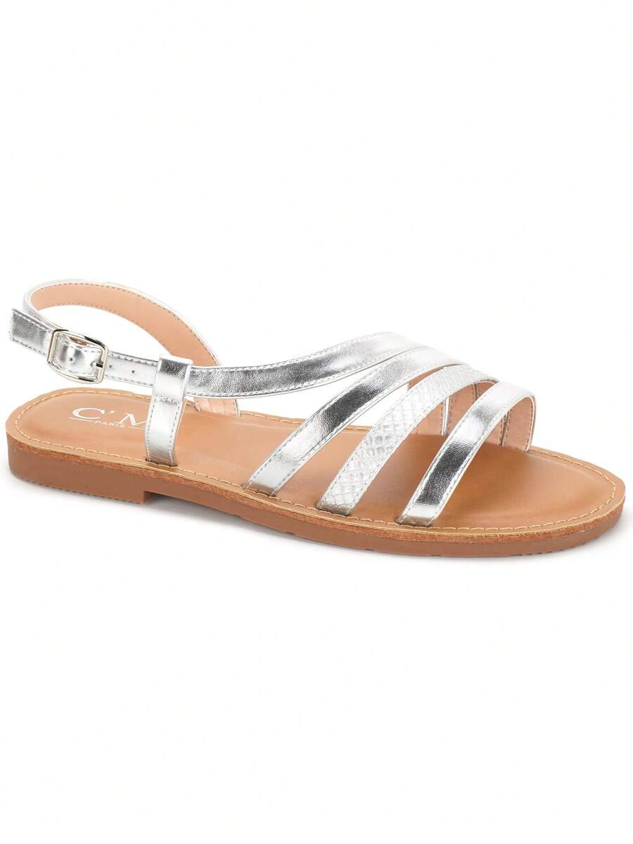Women's Flat Strappy Sandals With Textured Detail And Adjustable Buckle – Lightweight And Comfortable For Summer Days - Silver - View 1