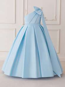 Tween Girls Asymmetric Bow Bridesmaid Party Dress, Elegant Beauty Pageant Princess Banquet Gown For Girls, Graduation Ceremony Birthday Wedding Prom Dress - Blue - View 4