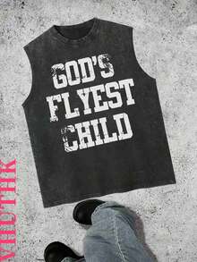 VHUTHK (240g Sleeveless Pure Cotton Washed Vest) 240g Spring And Summer Heavyweight Pure Cotton Washed Vest, Suitable For Daily Wear, Sleeveless Vest Printed With The Letters' GOD'S FLYEST CHILD ' - 黑色 - 查看 1
