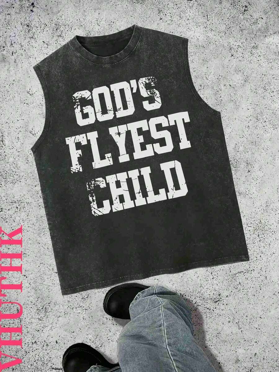 VHUTHK (240g Sleeveless Pure Cotton Washed Vest) 240g Spring And Summer Heavyweight Pure Cotton Washed Vest, Suitable For Daily Wear, Sleeveless Vest Printed With The Letters' GOD'S FLYEST CHILD ' - 黑色 - 查看 1