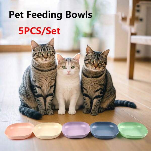 5PCS Cat And Dog Bowls, Pet Bowls,Cat Food Bowl Set, Pet Feeding Bowl Set Of Five, Cat Bowl Set Of Five, 5.11-Inch Wide Shallow Cat Bowl Small Flat Cat Plate, Pet Feeding Plate Or Dish For Cats And Small Dogs