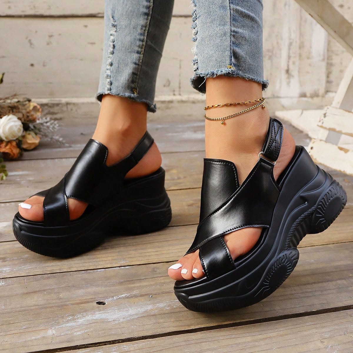 Sandalias de mujer con suela blanda y suela gruesa - Diseño de cuña hueca con punta redonda y transpirable, correa ajustable con , zapatos casuales