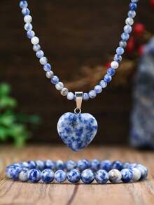 2pcs Vintage Nature Sodalite Stone Necklace And Bracelet Set, Heart Pendant Choker, Handmade Beaded Bracelet, Special Gift - Multicolor - View 2