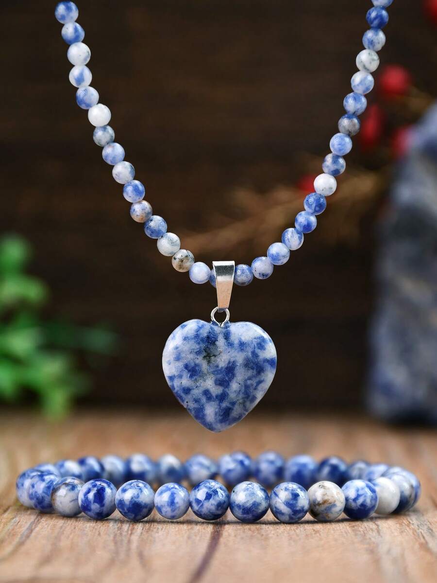 2pcs Vintage Nature Sodalite Stone Necklace And Bracelet Set, Heart Pendant Choker, Handmade Beaded Bracelet, Special Gift