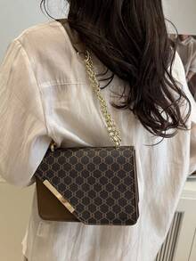 Mini Fashionable Plaid Contrast Stitching Crossbody Bag, Metal Chain Strap Shoulder Bag Square Purse, Suitable For Shopping - Coffee - View 2