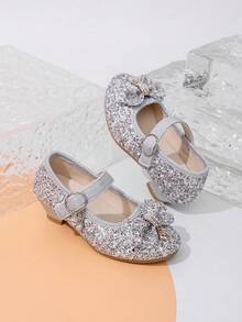 女童金色亮片高跟鞋 26-36码 | 闪亮玛丽珍派对鞋，饰有花朵和搭扣 | 适合选美比赛、花童、圣诞节和特殊场合的优雅高跟鞋