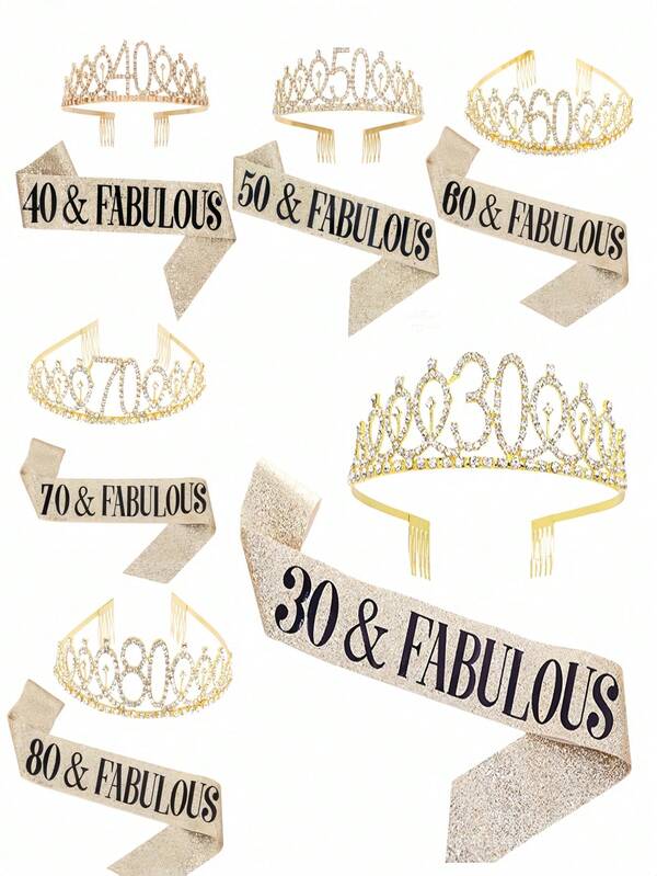 Conjunto de 2 peças de coroa de cristal com strass para anos dourados, 30, 40, 50, 60, 70 e 80 anos, 1 peça, tiara com xale, decoração de aniversário, faixa de cetim, suprimentos para festa, faixa de cabelo, escova de cabelo, rainha do aniversário, mulheres, escova de cabelo, faixa de cabelo