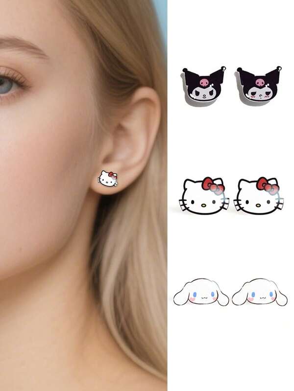 Sanrio Katzen-Cartoon Ohrringe, süße Hello Kitty Silber Pin Ohrringe als Geschenk für Lässig Anlässe, Partys, Geburtstage, Feiertage, Alltagsschmuck, Cartoon-Stil Ohrringe, skurrile Ohrringe mit Hello Kitty, Kuromi, Cinnamoroll, My Melody, Pochacco, Pom Pom Purin (einige Teile können zufällig sein)