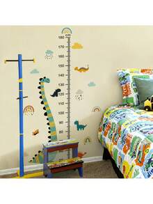 Dinosaur Growth Chart Wall Decal - Kids Room Height Measurement Stickers With Cartoon Long Neck Dinosaur Design, Removable Nursery Wall Art - Multicolor - View 3