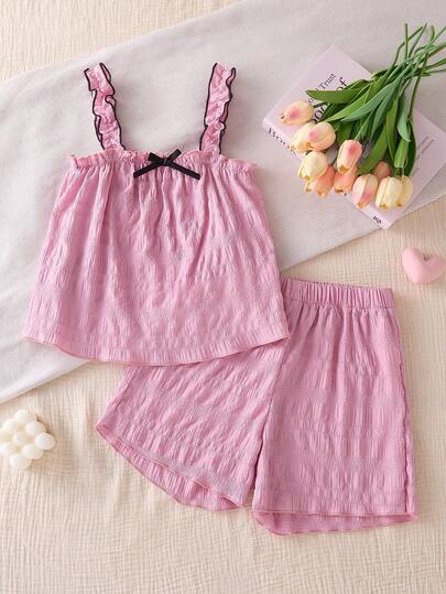 Girl's Summer Bubble Grid Sweet, Simple, Fashionable, Comfortable, Bow Pink Shoulder Strap Tank Top With Shorts, Children's Home Set