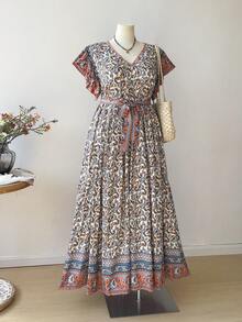 Rusttydustty 加大码复古印花长裙，系腰带短袖 V 领长裙，夏季度假长款花裙 - 彩色 - 查看 1