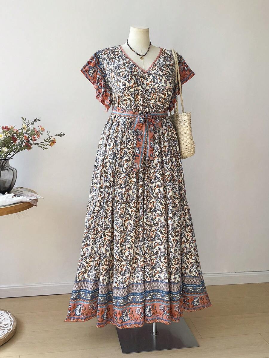 Rusttydustty 加大码复古印花长裙，系腰带短袖 V 领长裙，夏季度假长款花裙 - 彩色 - 查看 1