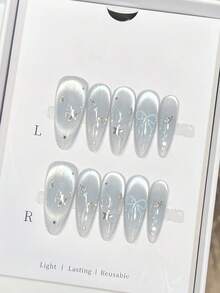 10 件冰蓝色玻璃珠猫眼腮红蝴蝶结星星手工亚克力按压指甲长杏仁假指甲带果冻胶和指甲锉，DIY 美甲用品适用于情人节音乐节学校旅行