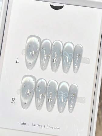 10pcs Ice Clear Blue Glass Beads Cat Eye Blush Bow Stars Handmade Acrylic Press On Nails Long Almond Fake Nails With Jelly Glue And Nail File, DIY Nail Art Supplies For Valentine's Day Music Festival School Travel