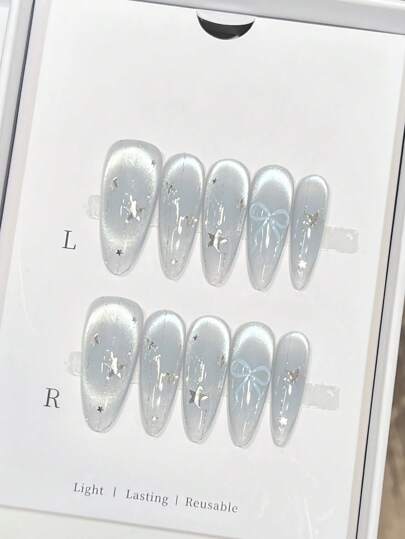 10 件冰蓝色玻璃珠猫眼腮红蝴蝶结星星手工亚克力按压指甲长杏仁假指甲带果冻胶和指甲锉，DIY 美甲用品适用于情人节音乐节学校旅行