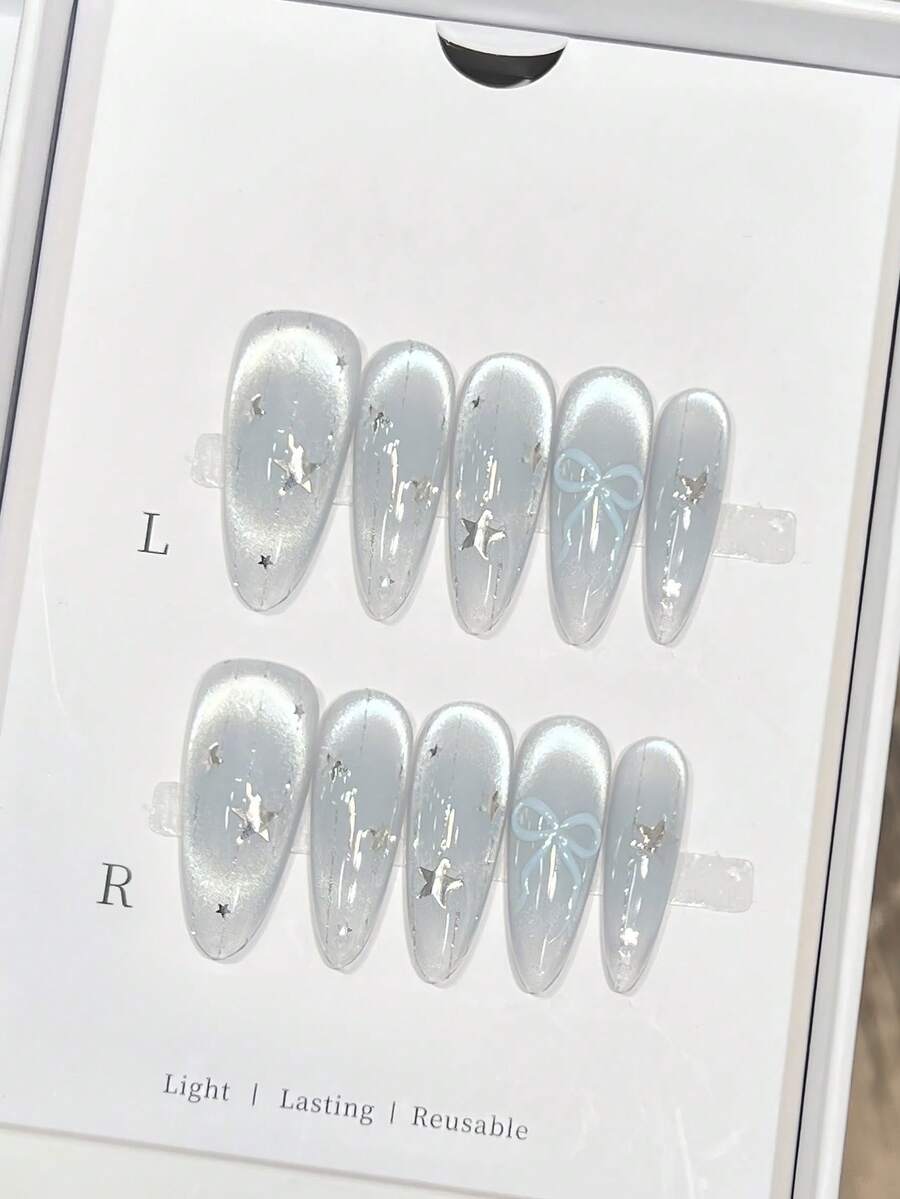 10 件冰蓝色玻璃珠猫眼腮红蝴蝶结星星手工亚克力按压指甲长杏仁假指甲带果冻胶和指甲锉，DIY 美甲用品适用于情人节音乐节学校旅行