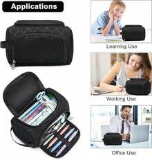 Estuche de Lápices de Gran Capacidad, Organizador Multifuncional con Compartimentos, Bolsa de Papelería Simple para Viaje, Bolsa de Lápices de Tela para Hombres, Mujeres, Niñas y Niños (Negro) - Negro acolchado - Ver 2