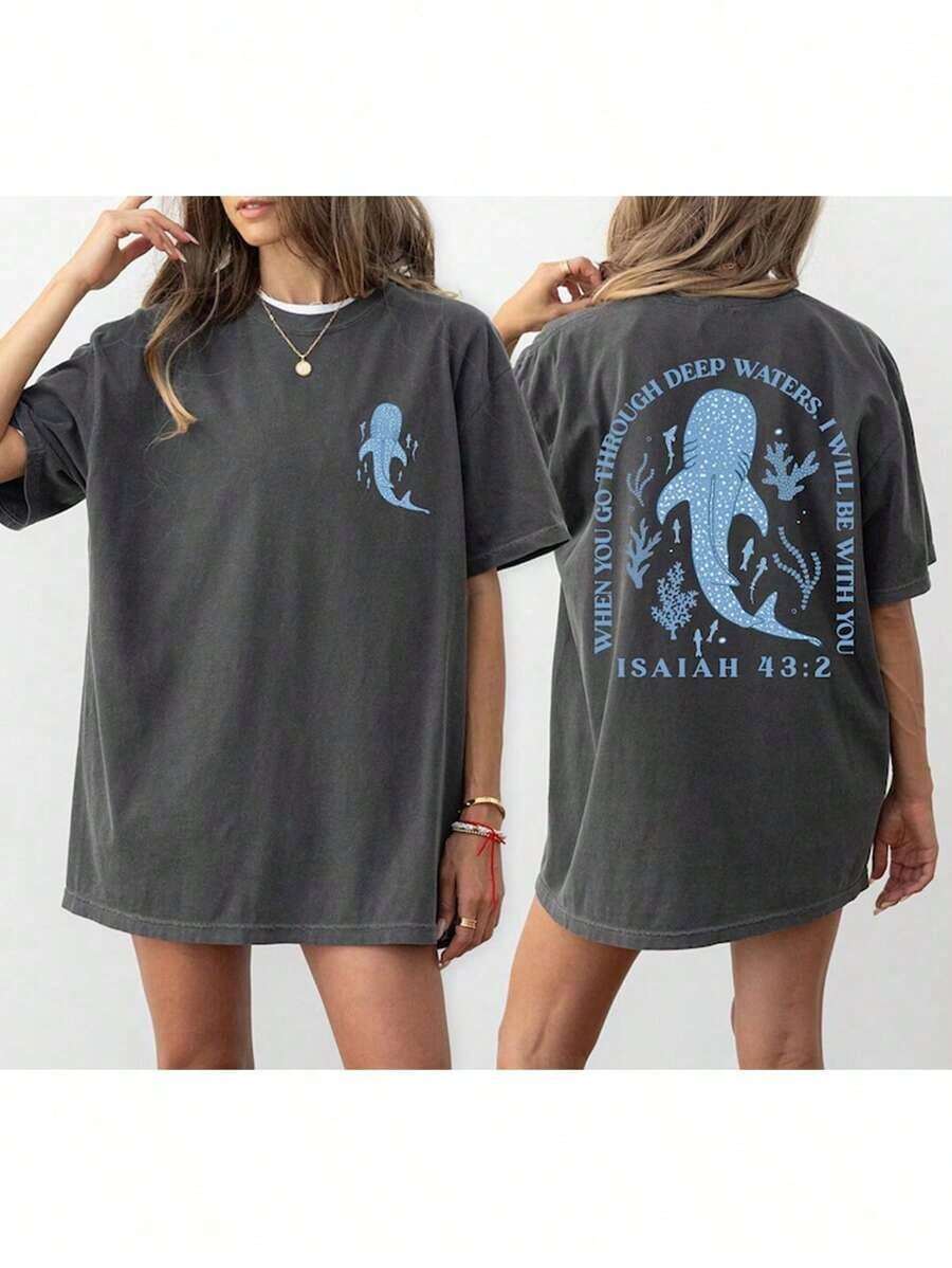 Women Loose Fit Round Neck Whale Slogan Contrast Color Graphic T-ShirtPrinted Round Neck Short Sleeve Women's Tee - Daily Casual, Sports & Fitness, All Seasons (Perfect For /Valentine's Day) - 灰色 - 查看 1