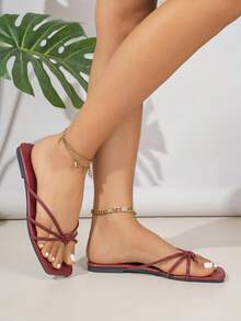 Sandalias con tira de cristal para adolescentes, Sandalias de moda para mujeres, Pantuflas planas francesas respirables con puntera abierta para uso al aire libre - Rojo violeta - Ver 2