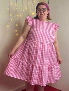 Enliva 大码女式可爱格子印花圆领盖袖连衣裙（夏季） - 玫紅色 - 查看 6