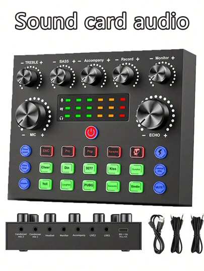 YAIUZGOO بطاقة صوت صوتية مع محول الصوت - بطاقة صوت ABS أسود قابلة للشحن بطاقة صوت USB للتسجيل والغناء والبث المباشر والألعاب سعة البطارية 500 مللي أمبير تشمل مقابس للميكروفون والسماعات