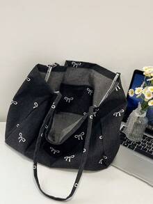 Nueva bolsa de lona lavada con lazo azul de moda coreana versátil, muy atractiva, para ir y venir, viajes, compras, vuelta al colegio, de gran capacidad, bolso de dama dulce y elegante, bols - Negro - Ver 10