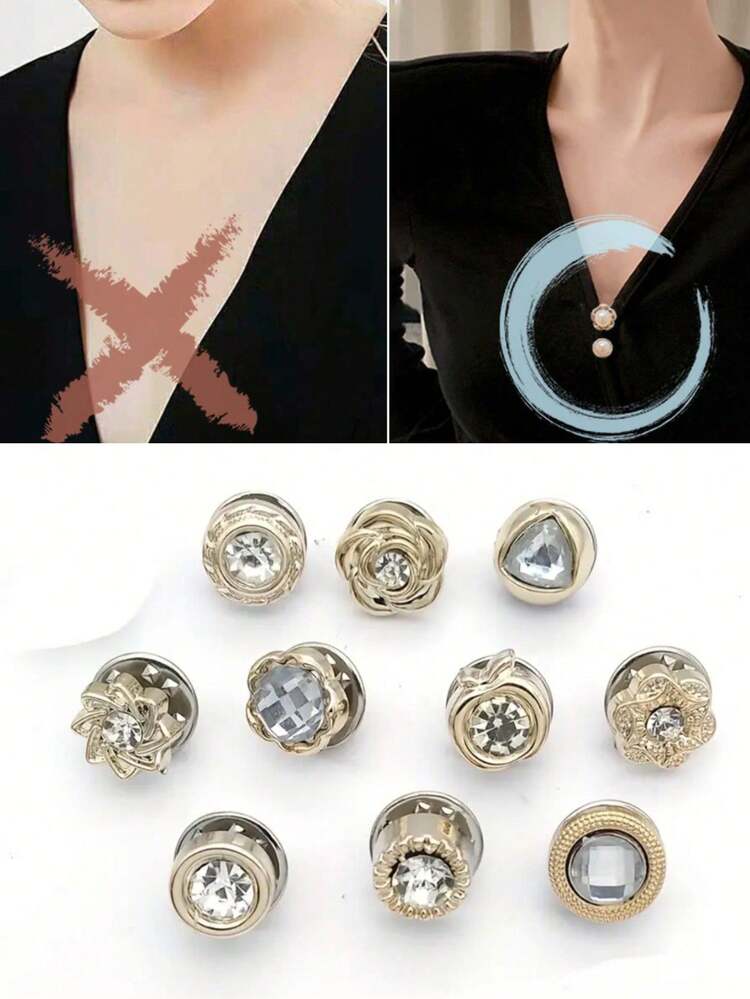 10 piezas Botones elásticos ajustables antideslizantes con cristal, hebilla invisible para la cintura de la camisa, broche sin costura - Blanco - Añade 1