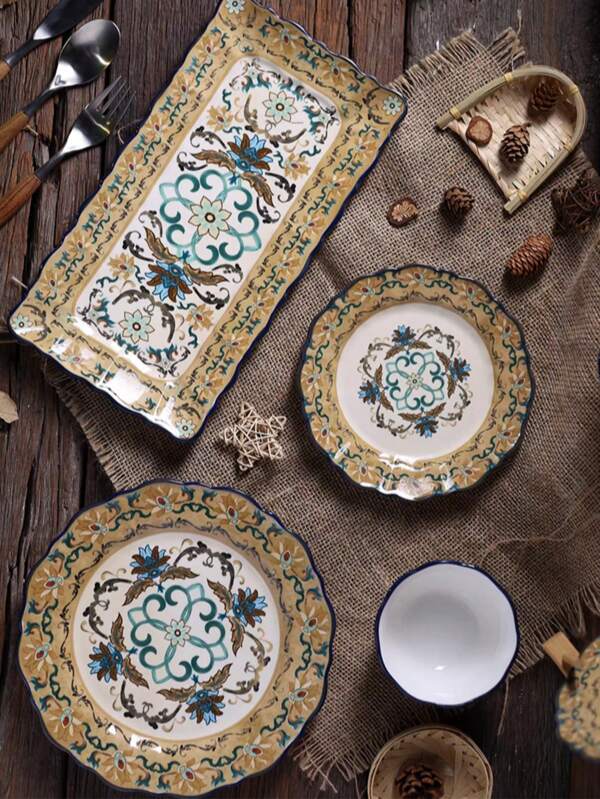 1pc Ceramic Bowl & Plate Set, Stylish Chinese Classic Tableware, High-End Luxury Retro Design,School Supplies