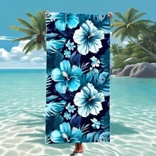 1pc Oversized Bohemian Floral Beach Towel - Quick Dry, Lightweight Polyester Blend, Vibrant Blue Flowers & Green Leaves Design, Ideal For Pool, Bathroom, Travel & Camping, Pool Accessory | Vivid Beach Towel | Lightweight Towel, Beach Towel Beach Essentials