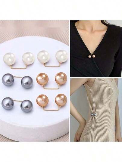 6pcs Anti-Wardrobe Malfunction Clips, Pearl Brooch Collar Clip, Dress & Skirt Waist Cincher, Shirt Collar Adjuster, Stylish Waist Cincher Clips, Fashion Accessory, Holiday & Party Gift