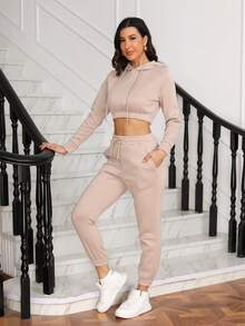 Bequemer Kapuzenpullover und Jogginghose Set in Unifarbe mit Kordel