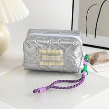 1 件可爱绗缝化妆包带手柄化妆刷收纳袋心形化妆包带绳吊坠多功能学生文具包化妆品收纳袋