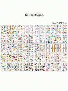 60pcs Temporary Fake Tattoo Stickers, Avocado Ocean Mermaid Shark Princess Various Cute Cartoon Patterns Tattoo Stickers Perfect For Daily Party Body Decoration, Party Accessory Supplies - Multicolor - View 9