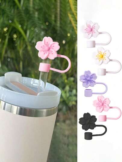 غطاء sł قابل لإعادة الاستخدام مقاوم للرذاذ وللغبار بتصميم إبداعي بشكل أزهار الكرز ، من السيليكون لأكواب المشروبات ، قطر كبير 8 ملم ، بألوان وردي / بنفسجي / أسود / أبيض وأصفر / أبيض وزهري ، مناسب لجميع أنواع الأكواب التي بها sł ، متعدد الاستخدامات وجميل