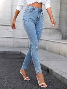 休闲弹力紧身珍珠洗水牛仔裤，百搭，时尚，优雅，性感，适合日常穿着，生日派对，旅行，舞台和音乐会，春夏季 - 藍色 - 查看 1