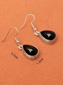1 Pair Vintage Plated Silver Black Teardrop Faux Gemstone Earrings, Multiple Colors Available - Black - View 7