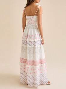 Women Floral Tie Shoulder Maxi Dress Deep V Neck Spaghetti Strap Backless A-Line Layered Ruffled Long Dresses - Pink - View 6