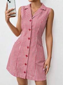 Vintage kariertes ärmelloses Minikleid für Damen mit Kragen