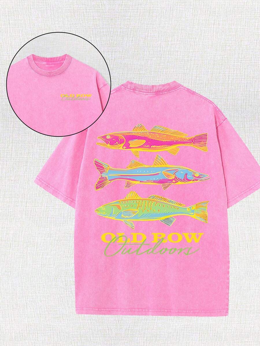 Men's Casual Summer Washed Cotton T-Shirt [Old Row Outdoor] Fish Print, Round Neck, Short Sleeves, Lightweight Cotton Knitted Fabric, Casual Summer Round Neck Shirt | Rib Details. - 玫粉色 - 查看 1