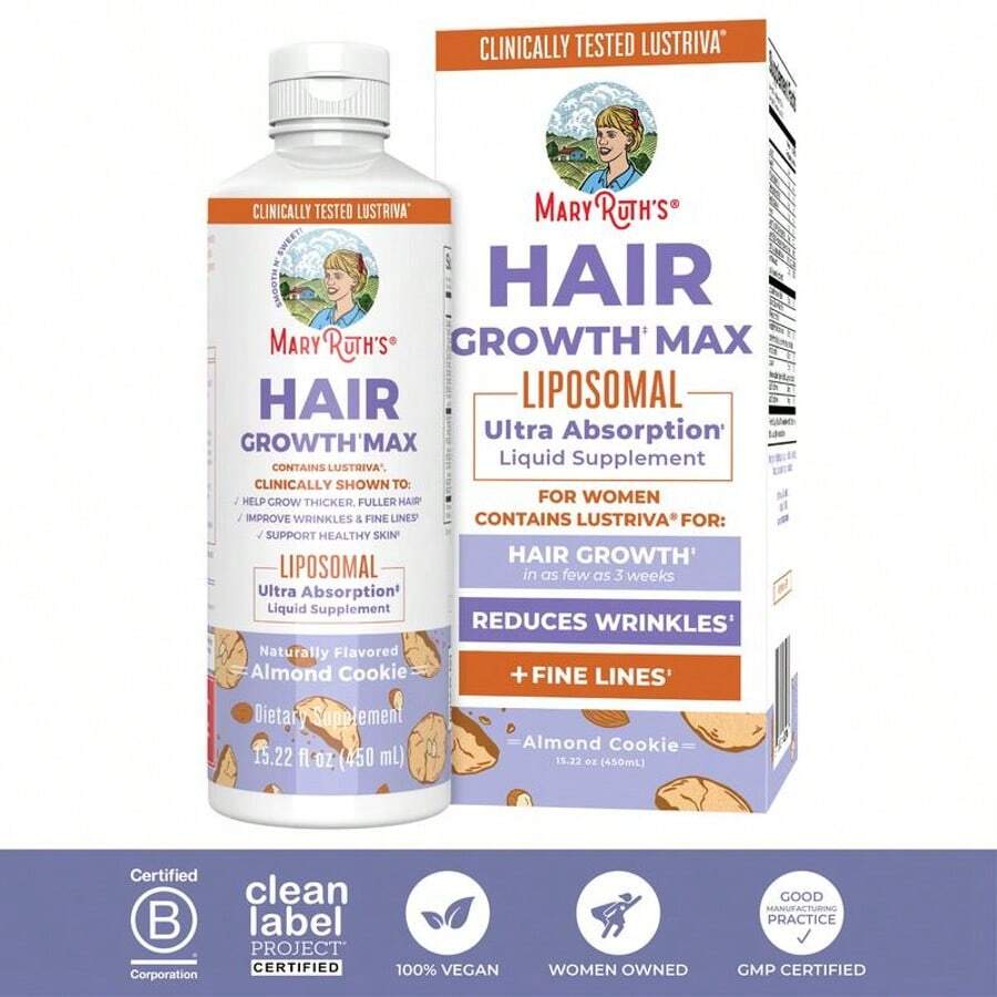 MaryRuth's Hair Growth Max Liposomal -Lustriva+ Biotin 10000mcg + Pumpkin Seed Oil - Thicker Hair -Lmprove Wrinkles & Fine Lines -15.22 Fl 0z - Almond Cookie - 查看 1