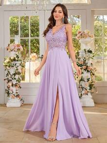 性感深 V 领蕾丝晚礼服优雅正式舞会婚礼宾客礼服，适合毕业典礼、晚宴、露背水钻礼服