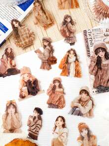 30/120张温柔日记系列PET模切贴纸包，时尚冬装女性角色贴纸，学生计划装饰贴纸