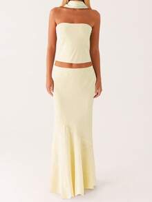 Women Skirt Set, Strapless Backless Tube Top With Long Skirt And Scarf Floral/Solid Summer Outfit - 黃色 - 查看 1