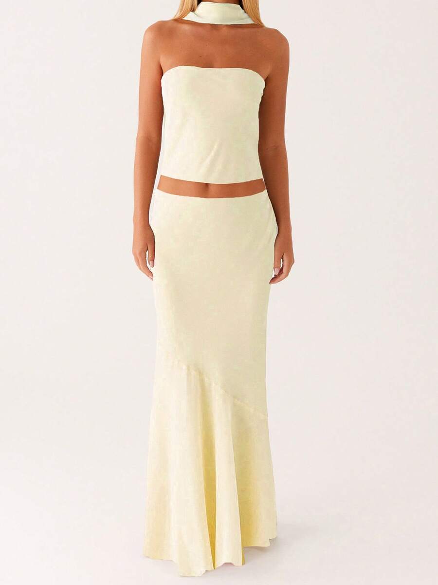 Women Skirt Set, Strapless Backless Tube Top With Long Skirt And Scarf Floral/Solid Summer Outfit - 黃色 - 查看 1