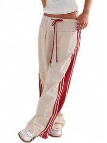 Women's Wide Leg Pants Drawstring High Waist Side Stripes Loose With Pockets Trousers - 米色 - 查看 1
