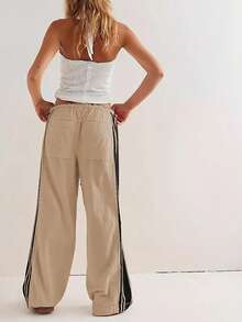 Women's Wide Leg Pants Drawstring High Waist Side Stripes Loose With Pockets Trousers - Khaki - View 2