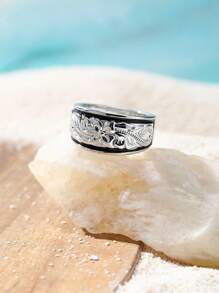 1pc Elegant Hawaii Style Bronze Material Oil-Dripping Silver Ring, 3D Lily Flower Vine Carving, Suitable For Women To Wear On Vacation