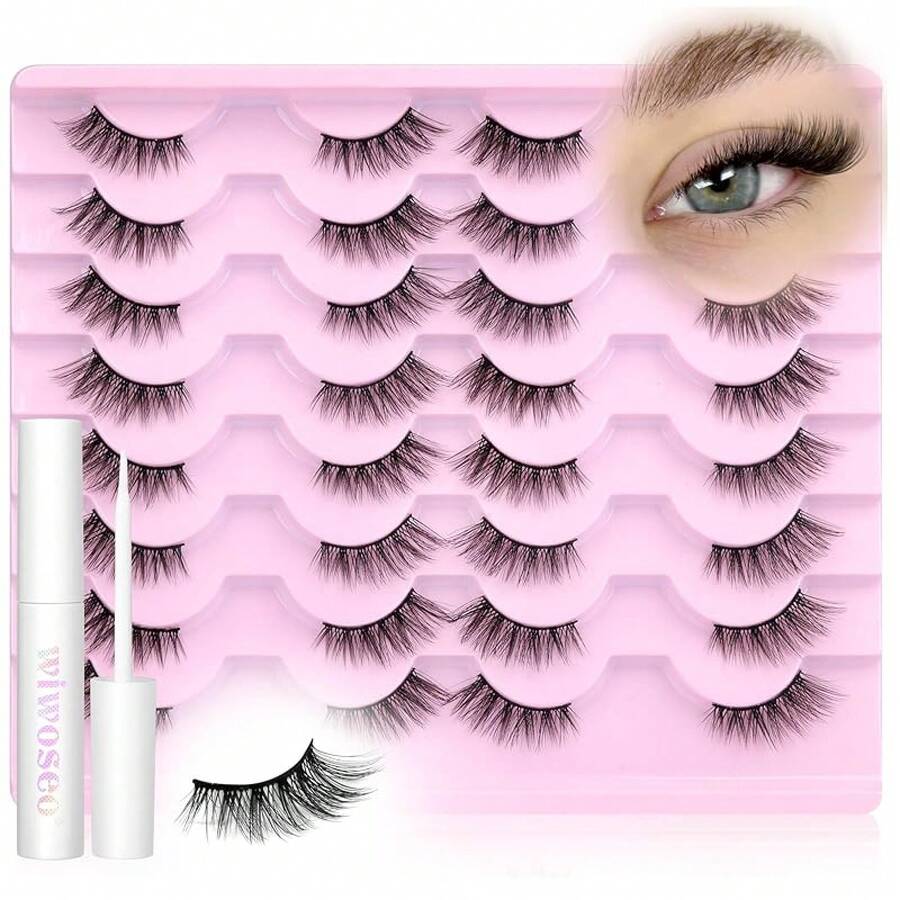 Half Eyelashes Natural Wispy Lashes With Glue Cat Eye Lashes Natural Look False Eyelashes With Lash Glue Pestañas Postizas Naturales Half Lashes Kit With Clear Eyelash Glue - B-半睫毛15MM - 查看 1