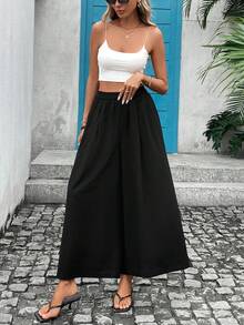 Spodnie typu kuloty z wysokim stanem, w jednolitym kolorze, z poliestru, szerokie nogawki, odpowiednie na letnie codzienne noszenie - Czarne - Zobacz 3